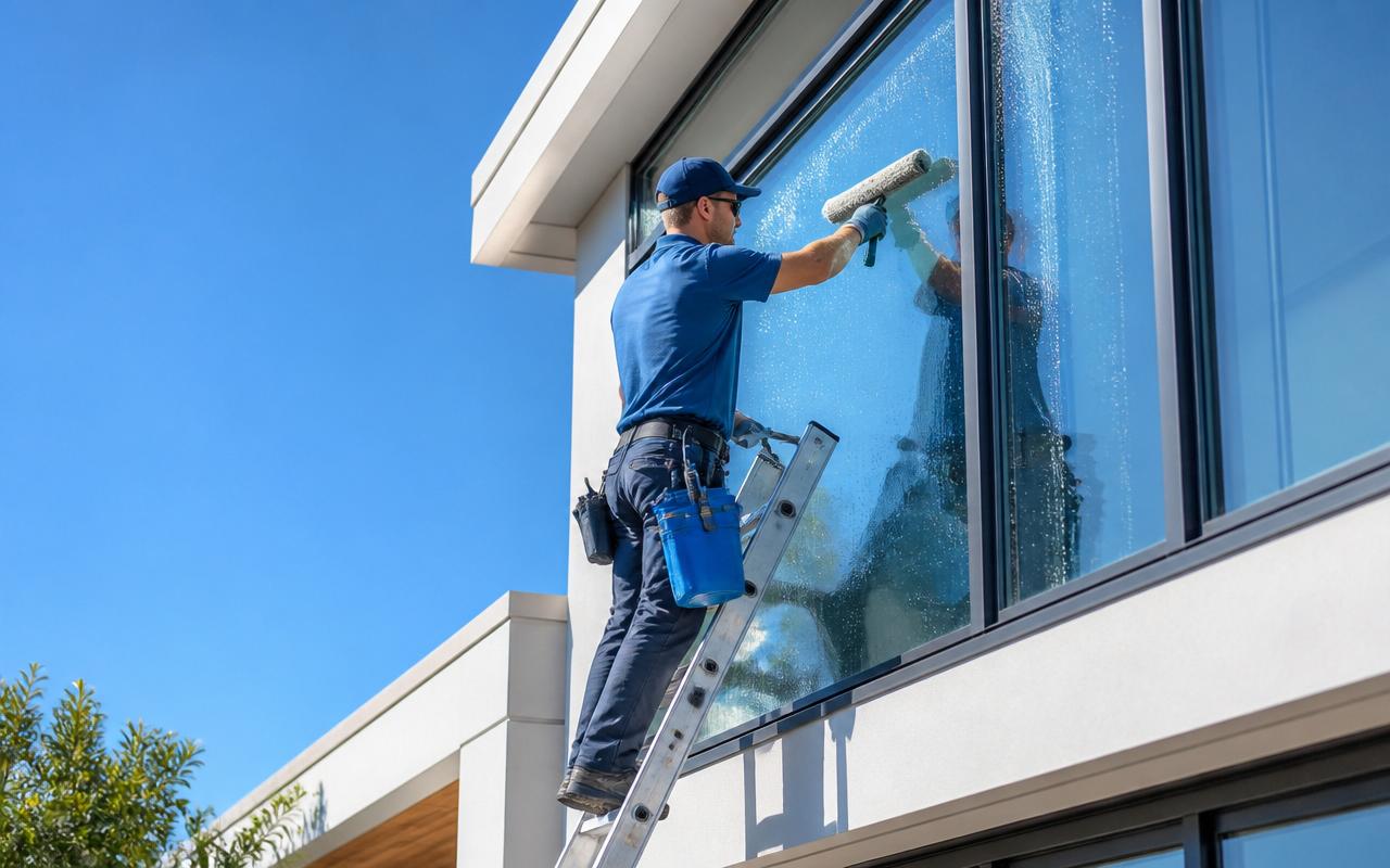 Professional window cleaner washing a modern home window on a bright sunny day
